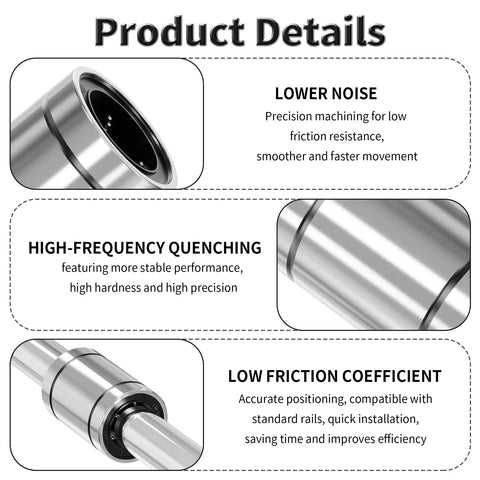 LM4UU Linear Ball Bearings 4Mm ID 8Mm OD 12Mm Length With Double Seal, product details highlighting low noise and high precision.
