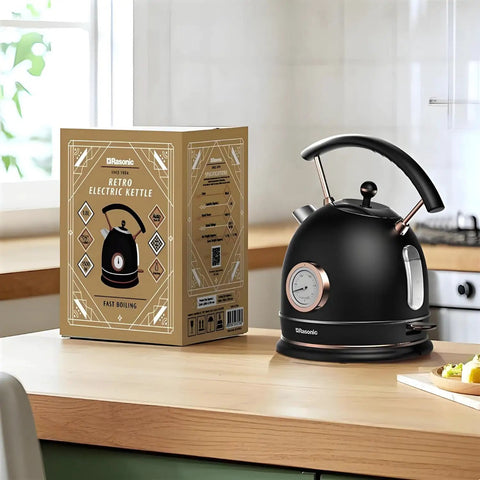 Retro Electric Kettle 1.8L Matte Black And Rose Gold Stainless Steel Body Fast 1500W Quiet Boil Temperature Gauge Auto Shut Off