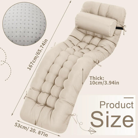 Outdoor Chaise Lounge Cushion Set 66 By 21 By 4 Inch Waterproof And Fade Resistant For Patio And Poolside Includes Headrest Pillow Tie Straps Replaces Rocking High Back Cushions Light Beige Set Of 2 shown in size illustration