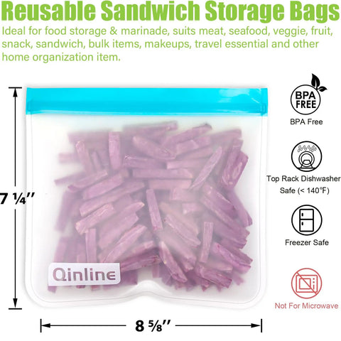 Extra Thick Reusable Food Storage Bags Set 10 Pack Bang For Your Buck Leakproof Freezer Safe Sandwich And Lunch Bags filled with purple items