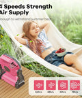 20000mAh Portable Camping Fan With LED Light Battery Powered Quiet Operation USB A And USB C Ports For Travel On The Go Tent Beach Car Or Power Outages For 16 To 64 Hours Of Runtime Pink, woman relaxing with cherries nearby.