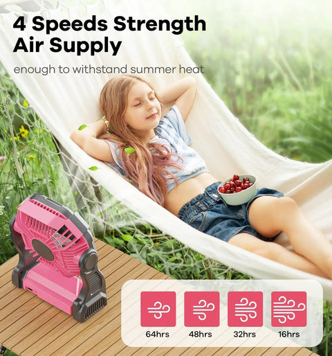 20000mAh Portable Camping Fan With LED Light Battery Powered Quiet Operation USB A And USB C Ports For Travel On The Go Tent Beach Car Or Power Outages For 16 To 64 Hours Of Runtime Pink, woman relaxing with cherries nearby.