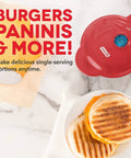 Dash Mini Maker Indoor Electric Grill Perfect For Compact Kitchen Dorms And Small Spaces Quick One Step Setup Even Heating Surface with cooked paninis and melted cheese.