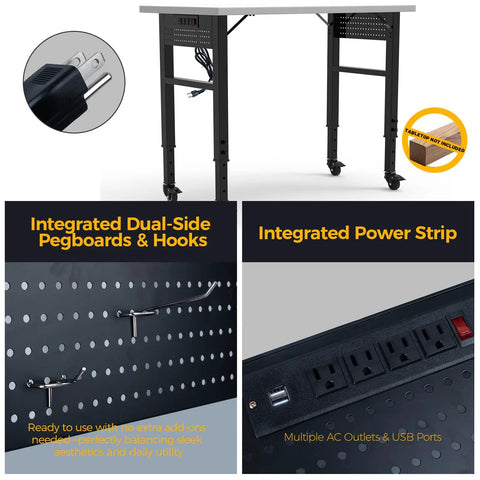 Adjustable 28-47 Inch Workbench Legs With Power Strip And Built Tough Heavy-Duty Metal Table Frame, Industrial Desk Base