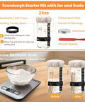 Complete Sourdough Baking Kit With Scale And Banneton Proving Baskets showing jar, scale, cloth cover, and spatula.