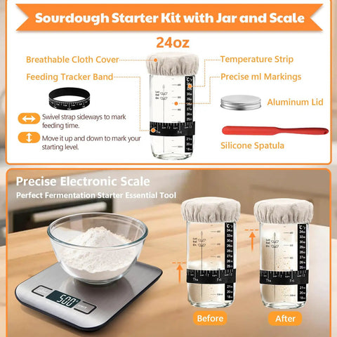 Complete Sourdough Baking Kit With Scale And Banneton Proving Baskets showing jar, scale, cloth cover, and spatula.