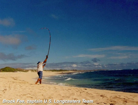 Angler casting rod on sandy beach, preparing for saltwater fishing with Marine Grade Reel Oil And Grease Kit With Precision Applicators.