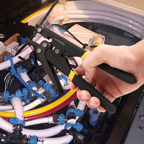 Pro Grade Cable Tie Gun Zip Tie Tool for tensioning and cutting nylon ties up to 0.35 inches in automotive wiring application.