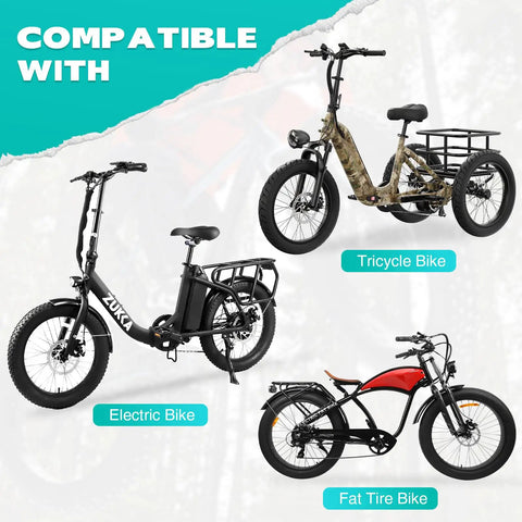 26 Inch Fat Bike Tire Set With Inner Tubes Two Pack For E-Bike Snow MTB And Tricycle Replacement 26 By 3.0 75-559 Foldable Tires Durable Nylon Rubber Build Schrader Valve High Wear Resistance Long Lasting Ride, shown on electric bike and tricycle