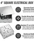 6-Pack 4x4 Inch Square Electrical Boxes With Covers And Mounting Accessories, Heavy Duty Steel Junction Boxes For Indoor Outdoor Wiring, Secure Organized Projects And Easy Mounting. 4-inch square steel electrical box with cover and knockouts