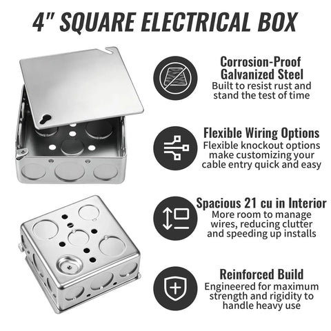 6-Pack 4x4 Inch Square Electrical Boxes With Covers And Mounting Accessories, Heavy Duty Steel Junction Boxes For Indoor Outdoor Wiring, Secure Organized Projects And Easy Mounting. 4-inch square steel electrical box with cover and knockouts