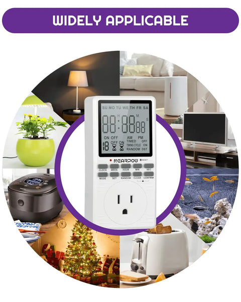 Programmable Outlet Timer With Digital Countdown And Weekly Schedule For Intermittent Cycling Nineteen On Off Programs showcased in various home settings.