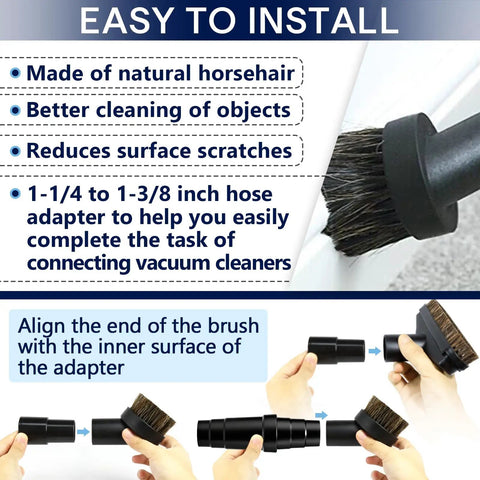Seven Piece Horse Hair Vacuum Attachment Set With Round Dusting Brush Attachments And Adapters For Most Vacs demo