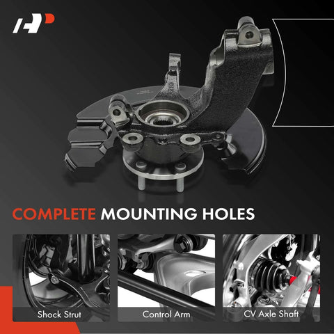 Front Left Steering Knuckle And Wheel Bearing Hub Assembly For Ford Transit Connect 2014 2015 2016 2017 2018 With 104.8 Inch Wheelbase Driver Side Loaded With Hub Bearing And Dust Shield Fits 104.8 Inch Wheelbase Only Ready To Roll, shown with complete mounting holes.
