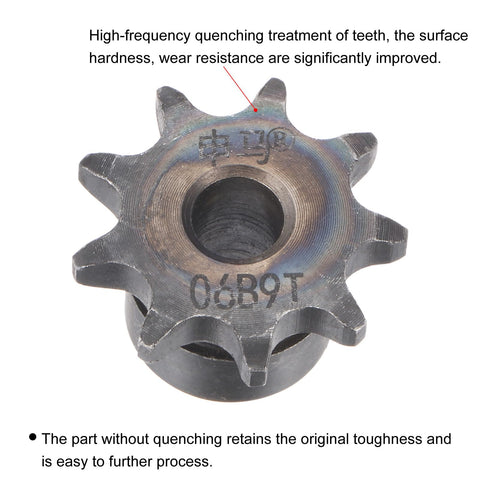 Close-up of Chain Roller Sprocket Set Built Tough For ISO 06B Chains Eight Millimeter Bore Three Eighths Inch Pitch Nine Tooth Type