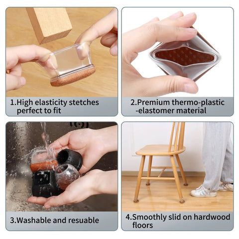 Hands installing 24 Pack Slick Clear Chair Leg Floor Protectors For Hardwood Floors Thickened Silicone Felt Caps on a chair.