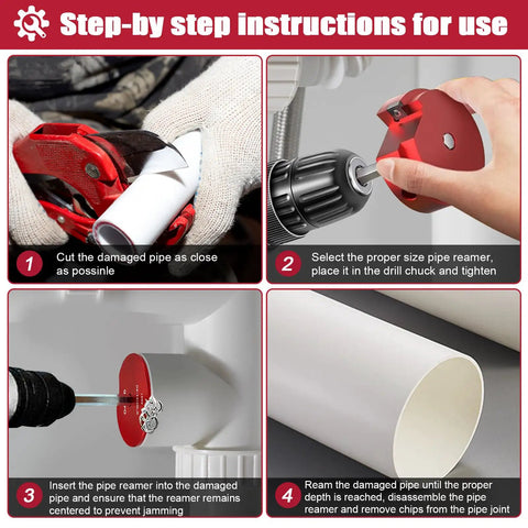 8 Piece PVC Pipe Reamer Set For DIY Pros And Home Projects includes PPR75 through PPR400 shown in step-by-step instructions