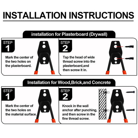 Installation instructions for Heavy Duty Garage Hooks 10 Pack Steel Wall Mount Tool Hangers for drywall and concrete surfaces.