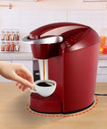 Slick Slide Mat For Keurig K Classic Coffee Maker Slider Pad under red coffee maker on countertop, facilitating easy movement.