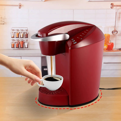 Slick Slide Mat For Keurig K Classic Coffee Maker Slider Pad under red coffee maker on countertop, facilitating easy movement.