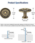 Antique Bronze Kitchen Cabinet Knobs 1-1/4 Inch Solid Metal Rosette Sunburst Pulls with dimensions and screw details