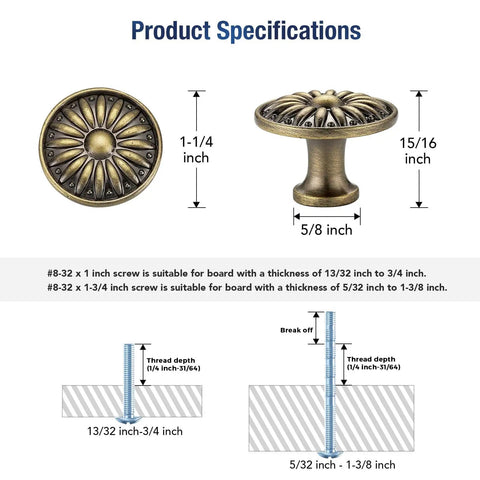 Antique Bronze Kitchen Cabinet Knobs 1-1/4 Inch Solid Metal Rosette Sunburst Pulls with dimensions and screw details