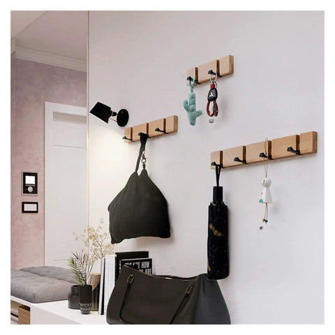 Wall Mounted Nailless Folding Coat Hook Set Featuring Twin Bar Design for Hallway Closet Entryway, wood hooks holding bags and keys.