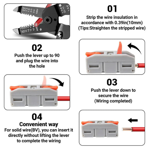 Instructional image for 60 Pack Lever Wire Connectors For 24 To 12 Awg Quick Splice Electrical Terminals with steps to connect wires.