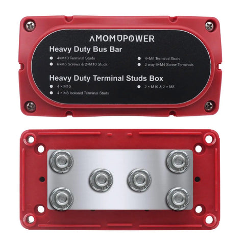 Badass Heavy Duty 450 Amp 12-48 Volt Busbar Box with six M8 studs and nickel plated copper, ideal for RV and solar rig projects.