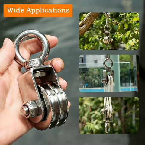 Heavy Duty Stainless Steel Snatch Block Pulley System With Double Grooves And Built In Bearings, 25m/8mm Rope, Tough As Nails For Lifting, Kayak Prep, Garage Projects, Winch, Hunting, And 1100lb Loading, 304 steel dual-groove pulley in hand