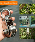 Heavy Duty Stainless Steel Double Cable Pulley Block 2 Pack With Bearings Inside And Swivel Single Wheel For Lifting Systems Load Up To 1100 Lb Great For Garage Or Workshop Rigging And DIY Projects, 304 stainless steel double pulley close-up