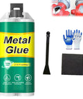 Tough As Nails Heavy Duty Metal Repair Glue Epoxy For Crack Fill And Bonding Heat Resistant Waterproof Adhesive For Metal Plastic Ceramic DIY Repairs And Home Fixes Easy Mix And Apply Gray shown with applicator, gloves, and accessories
