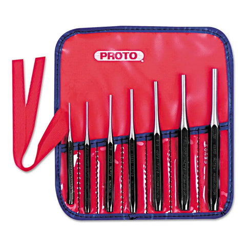 7 Piece Super Duty Pin Punch Set With S2 Steel Heat Treated One Piece Design Reverse Taper Parabolic Striking End in red case