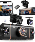 All Around Four Channel 360 Degree Dash Cam With Front Rear Inside And Left Right Cameras 4K Front And 1080P On Other Lenses WiFi App Control 24 Hour Parking Mode 8 Infrared Night Vision Lamps 64GB Card Included displayed with 4K footage on phone screen and 64GB card