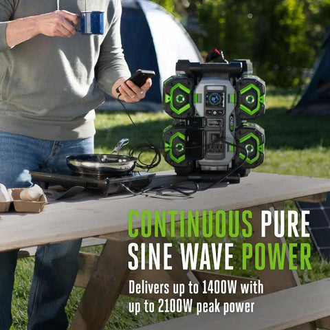 Gasless 1400W Portable Power Station With Two 56V 6Ah Batteries And Charger, Pure Sine Inverter powering outdoor devices