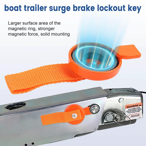 Boat trailer surge brake lockout key, orange, two-pack with strap