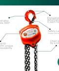 Workhorse Heavy Duty Hand Chain Hoist 4400 Lbs 10 Ft Lift With 2 Heavy Duty Hooks And Forged Locks For Tight Spaces And Tough Jobs Safety Factor Four To One Reliable Since 1989 shown with orange swivel hook and chain details.