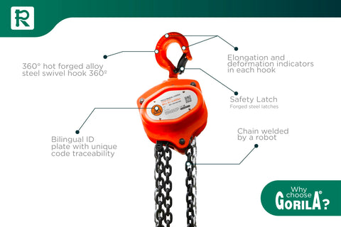 Workhorse Heavy Duty Hand Chain Hoist 4400 Lbs 10 Ft Lift With 2 Heavy Duty Hooks And Forged Locks For Tight Spaces And Tough Jobs Safety Factor Four To One Reliable Since 1989 shown with orange swivel hook and chain details.