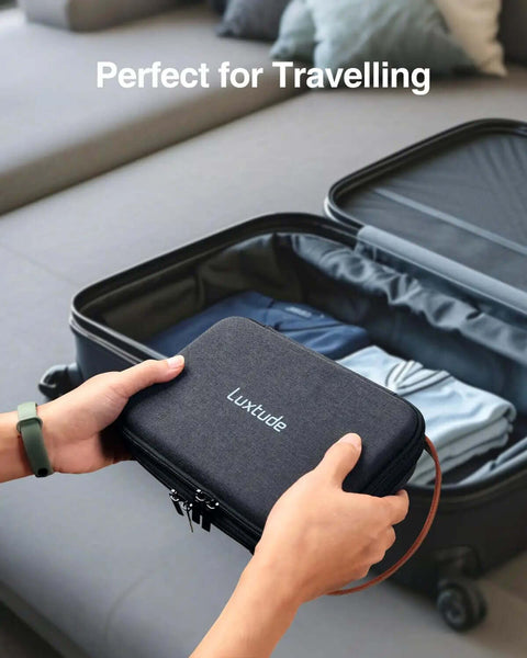 Person holding a Road Ready Double Layer Tech Organizer Case With Reinforced Hard Shell Design, ideal for organizing cables while traveling.