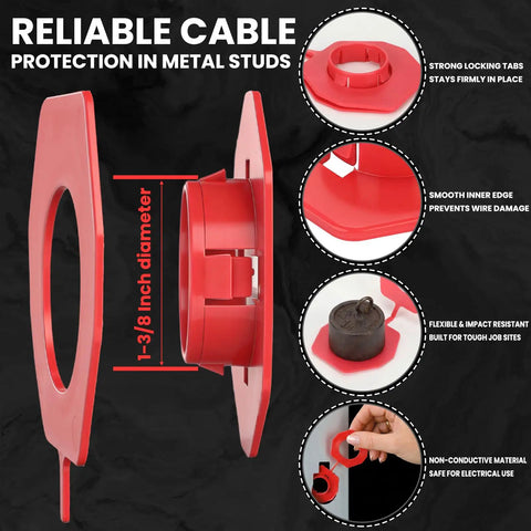 Red Plastic Wire Hole Protectors For 1 Inch Knockouts Snap In Grommets For Metal Studs Non Metallic Polypropylene Shield Cable Protection And Rim Guard To Prevent Wire Abrasion In Through Hole Installations, 1-3/8 inch
