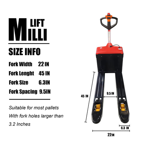 Millilift Electric Pallet Jack With Heavy Duty 3300lb Load Capacity Reinforced Steel Forks For Warehouse Logistics, size dimensions.
