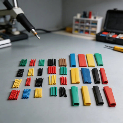 Check Out This Awesome 164pcs Heat Shrink Tubing Kit With 8 Sizes And 5 Colors For Your Wiring Needs Featuring Flame Retardant Polyolefin Wire Sleeves With Strong Insulation For Electricians And DIY Projects To Keep Cables Safe From Damage. assorted heat shrink tubing kit with 8 sizes and 5 colors on workbench