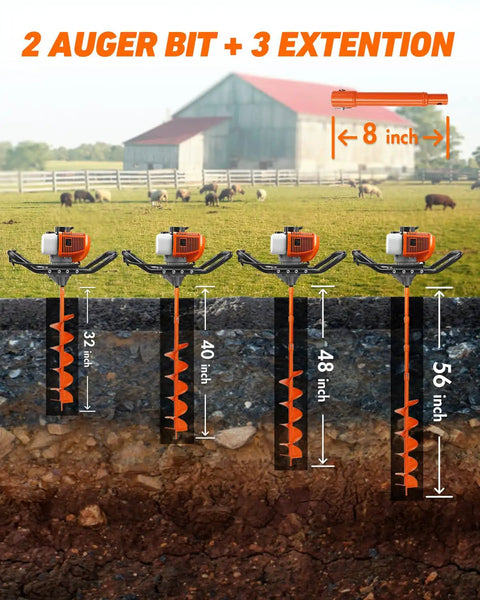 Image showing Gas Powered Post Hole Digger Auger Drill With 63cc 2 Stroke Engine, illustrating variable dig depths in a farm setting.