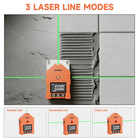 Pro Grade Three In One Digital Angle Finder With Laser And Digital Level Gauge For Woodworking And DIY Projects, Precise Angles, Clear Laser Line Projection, Compact And Easy To Use, A Must Have Handy Tool, shown with 3 laser line modes