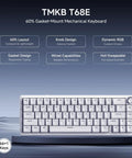 Slick 60 Percent Wired Mechanical Gaming Keyboard With RGB Backlight And Hot Swappable Gasket Mount Featuring Pre Lubed Linear Blueberry Switches And Aluminum Volume Knob For A Top Shelf Typing Setup In Clean White displaying 66 keys and volume control knob.