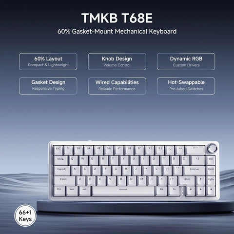 Slick 60 Percent Wired Mechanical Gaming Keyboard With RGB Backlight And Hot Swappable Gasket Mount Featuring Pre Lubed Linear Blueberry Switches And Aluminum Volume Knob For A Top Shelf Typing Setup In Clean White displaying 66 keys and volume control knob.