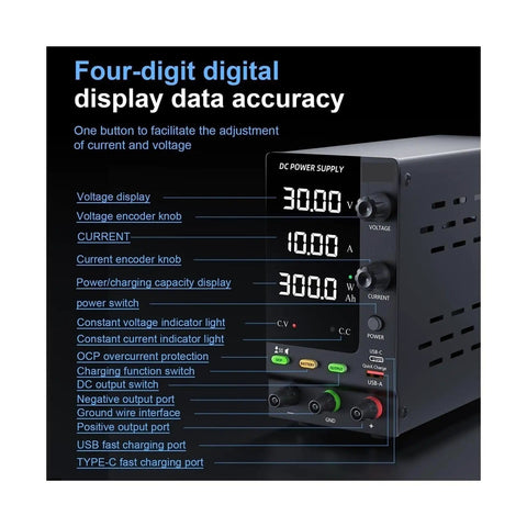 Adjustable DC Power Supply 30V 10A And 5A Lab Grade Variable Voltage Current Regulator with four-digit digital display