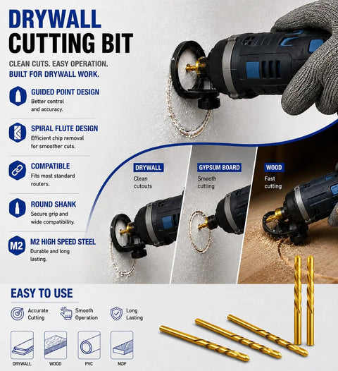 Heavy Hitter Titanium Nitride Coated Hss Rotary Tool Bits For Drywall Sheetrock And Plywood With Precision Sabre Tip For No Mess Outlet Box Trimming And Ceiling Tile Projects Rock Solid 100 Piece Set in use on drywall
