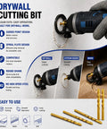 Drywall Cutting Bit in action on gypsum board, highlighting 1/8 inch Titanium Spiral Saw Bits for clean cuts.