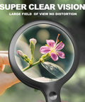 30X Rechargeable Magnifier With Light, 4.33 Inch Large Handheld LED Magnifying Glass showing a flower with clear vision